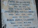 
Eliza GILCHRIST,
wife of James GILCHRIST,
died 20 Nov 1903 aged 35 years;
Field,
son,
accidentally drowned 28 Sept 1913 aged 17 years 7 months;
Joseph Walter GILCHRIST,
died 18 Feb 1926 age 33 years;
Robin James GILCHRIST,
died P.O.W. Malaya aged 42 years;
Rubena Pearl COOGAN,
died 8 Oct 1988 aged 90 years;
Tiaro cemetery, Fraser Coast Region

