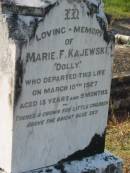
Marie F. (Dolly) KAJEWSKI,
died 10 March 1927 aged 13 years 9 months;
Tiaro cemetery, Fraser Coast Region
