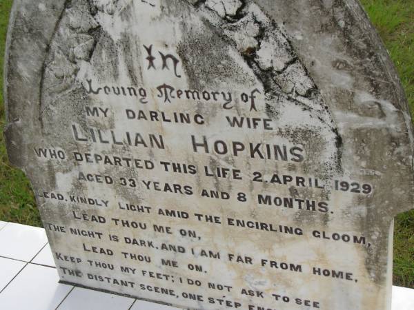 Jesse ALLEN,  | husband father,  | died 19 Aug 1946 aged 58 years;  | Olive Madeline,  | wife,  | died 25 Dec 1993 aged 94 years;  | Lillian HOPKINS,  | wife,  | died 2 April 1929 aged 33 years 9 months;  | Tiaro cemetery, Fraser Coast Region  | 