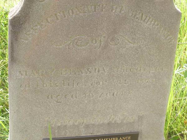 Mary BENSON,  | died 29 Nov 1875 aged 39 years,  | great-grandmother of Mary, Neville & Estelle;  | Tiaro cemetery, Fraser Coast Region  | 