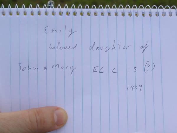 Emily,  | daughter of John & Mary ELLIS,  | died ???? 1889;  | Tiaro cemetery, Fraser Coast Region  | 