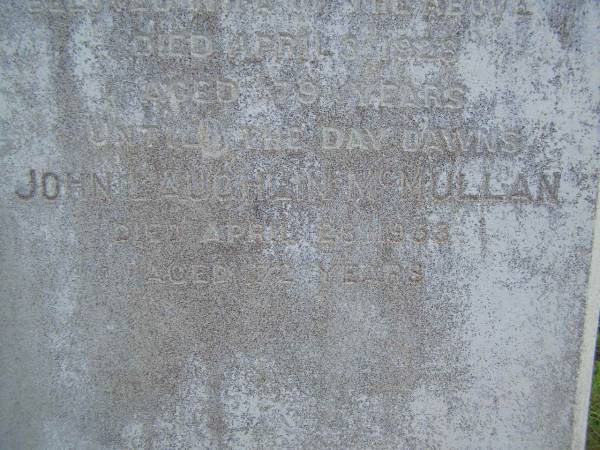 John MCMULLAN,  | died 15 Dec 1891 aged 45 years;  | Caroline,  | daughter,  | died 7 Jan 1891 aged 4 years 6 months;  | Emma Ellen,  | wife,  | died 3 April 1928 aged 79 years;  | John Laughlin  MCMULLAN,  | died 28 April 1953 aged 72 years;  | Tiaro cemetery, Fraser Coast Region  | 