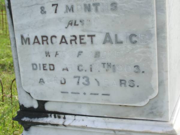Thomas LAWRENCE,  | died 8 Sept 1904 aged 68 years 7 months;  | Margaret Alice,  | wife,  | died 14 Aug 1903 aged 73 years;  | Tiaro cemetery, Fraser Coast Region  | 