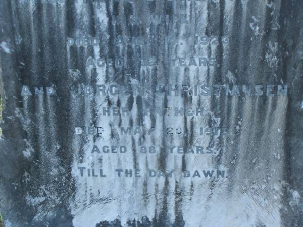 Paul GREVSEN,  | husband,  | born 3 May 1845,  | died 12 April 1901;  | Anne C. GREVSEN,  | wife,  | died 14 Aug 1923 aged 72 years;  | Jorgen CHRISTIANSEN,  | father,  | died 20 May 1915 aged 88 years;  | Tiaro cemetery, Fraser Coast Region  | 