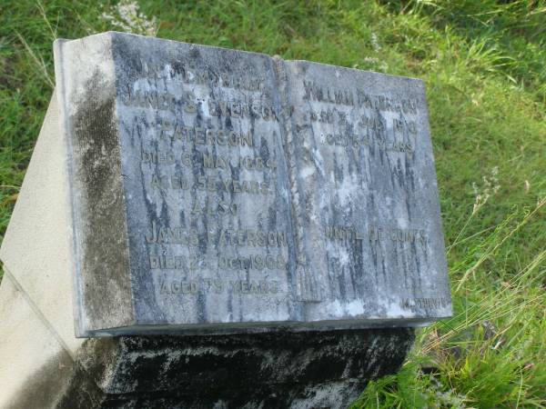 Janet Stevenson PATERSON,  | died 6 May 1884 aged 55 years;  | James PATERSON,  | died 23 Oct 1908 aged 79 years;  | William PATERSON,  | died 31 July 1919 aged 54 years;  | Tiaro cemetery, Fraser Coast Region  | 