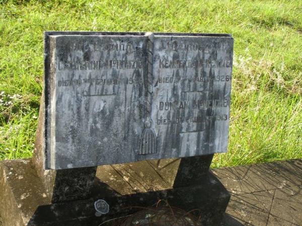 Catherine MCKENZIE,  | died 18 Feb 1926;  | Kenneth MCKENZIE,  | died 7 March 1926;  | Duncan MCKENZIE,  | died 10 Aug 1913;  | Tiaro cemetery, Fraser Coast Region  | 