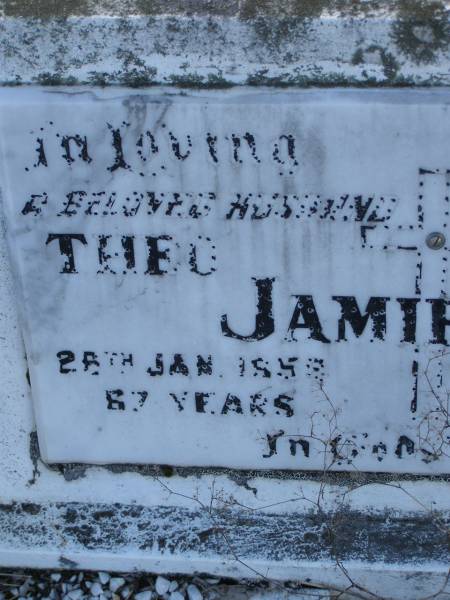 Theo JAMIESON,  | husband,  | died 28 Jan 1958 aged 67 years;  | Maryann JAMIESON,  | wife  | died 29 Sept 1974 aged 80 years;  | Tiaro cemetery, Fraser Coast Region  | 