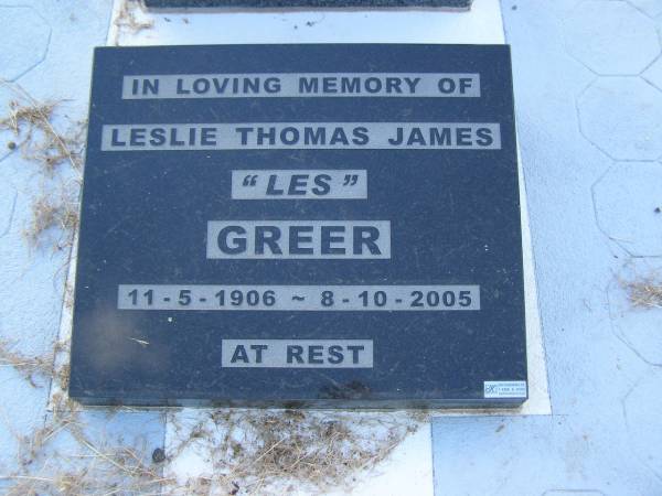 Hannah GREER,  | died 16 Nov 1946;  | Mathew Henry GREER,  | died 7 May 1957;  | Leslie Thomas James (Les) GREER,  | 11-5-1906 - 8-10-2005;  | Tiaro cemetery, Fraser Coast Region  | 