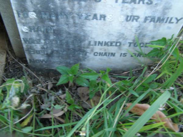 Samuel GORDON,  | husband father,  | accidentally killed 10 Feb 1907 aged 44 years;  | Elizabeth Ellen GORDON,  | child,  | died 5 Aug 1888 aged 3 months;  | John Campbell GORDON,  | child,  | died 9 Jan 1890 aged 8 months;  | Elizabeth GORDON,  | mother,  | died 21 June 1920 aged 61 years;  | Tiaro cemetery, Fraser Coast Region  | 