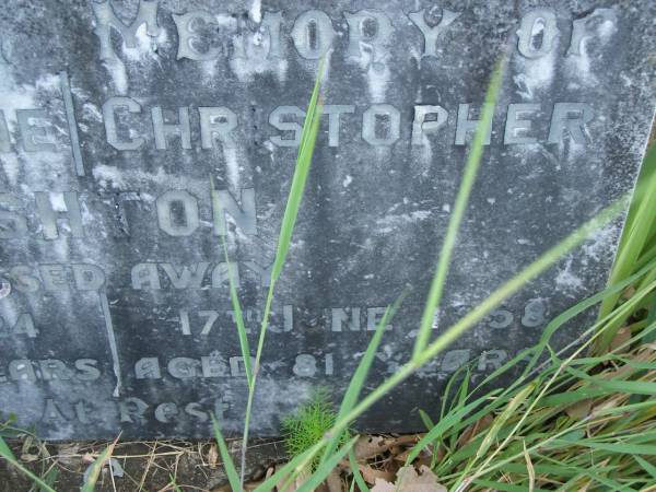Anne Christine ASHTON,  | died 30 June 1924 aged 39 years;  | Christopher ASHTON,  | died 17 June 1959 aged 81 years;  | Tiaro cemetery, Fraser Coast Region  | 