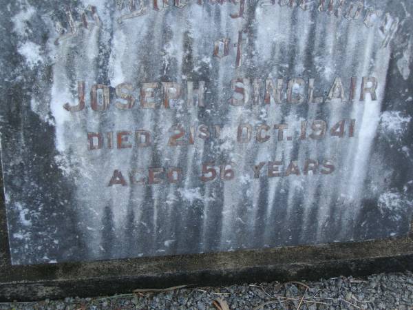 Joseph SINCLAIR,  | died 21 Oct 1941 aged 56 years;  | Tiaro cemetery, Fraser Coast Region  | 
