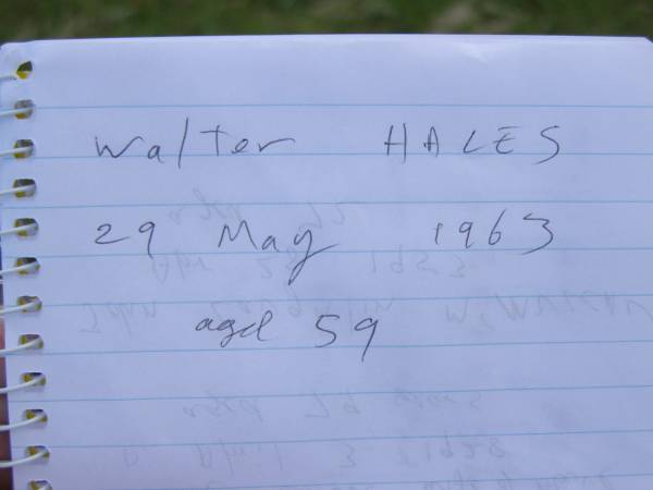 Walter HALES,  | died 29 May 1963 aged 59 years;  | Tiaro cemetery, Fraser Coast Region  | 