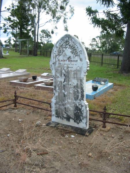 Albert BISHOP,  | son of J. & S. BISHOP,  | accidentally killed 19 July 1900 aged 35 years 5 months;  | John,  | husband of Sarah BISHOP,  | accidentally killed 17 May 1091 aged 67 years;  | Sarah,  | wife mother,  | died 18 Feb 1905 aged 70 years;  | Tiaro cemetery, Fraser Coast Region  | Tiaro cemetery, Fraser Coast Region  | 