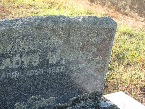 Ivan H. WYNNE,  | died 28 April 1939 aged 23 years;  | Jerry,  | dad;  | Gladys WYNNE,  | died 16 April 1950 aged 30 years;  | Tiaro cemetery, Fraser Coast Region  | 