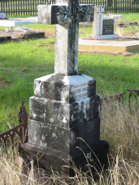 Victor Charles SCOUGALL,  | born 24 May 1886,  | died 9 March 1894;  | Richard W. SCOUGALL,  | born 10 April 1847,  | died 24 June 1988;  | Katherine Alice Belward SCOUGALL,  | born 21 Sep 1848,  | died 7 May 1920;  | Tiaro cemetery, Fraser Coast Region  |   | 