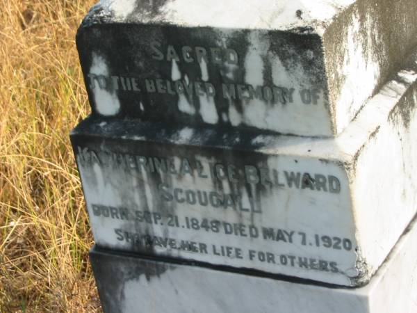 Victor Charles SCOUGALL,  | born 24 May 1886,  | died 9 March 1894;  | Richard W. SCOUGALL,  | born 10 April 1847,  | died 24 June 1988;  | Katherine Alice Belward SCOUGALL,  | born 21 Sep 1848,  | died 7 May 1920;  | Tiaro cemetery, Fraser Coast Region  | 
