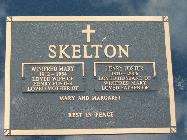 Winifred Mary SKELTON,  | 1912 - 1954,  | wife of Henry Foster,  | mother of Mary & Margaret;  | Henry Foster SKELTON,  | 1910 - 2006,  | husband of Winifred Mary,  | father of Mary & Margaret;  | Tiaro cemetery, Fraser Coast Region  | 