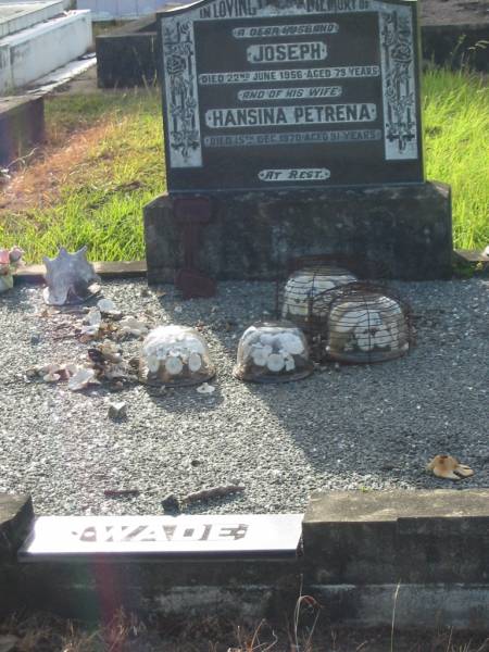 Joseph WADE,  | husband,  | died 22 June 1956 aged 79 years;  | Hansina Petrena WADE,  | wife,  | died 15 Dec 1970 aged 91 years;  | Tiaro cemetery, Fraser Coast Region  | 