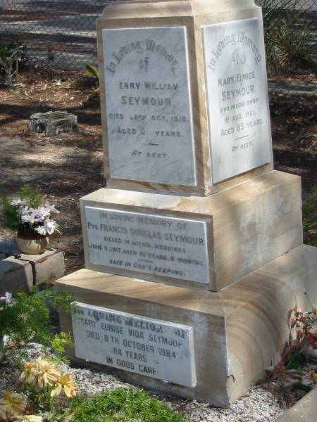 Henry William SEYMOUR died 25 Oct 1910 aged 50? years,  | Francis Douglas SEYMOUR died 9 June 1917 aged 20 years 9 months,  | Mary Eunice Vida SEYMOUR died 8 Oct 1984 aged 84 years,  | Mary Eunice SEYMOUR died 1 Aug 1961 aged 85 years,  | Tingalpa Christ Church (Anglican) cemetery, Brisbane  | 