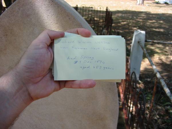 Richard Warren WEEDON died 7 Dec 1894 aged 45/55? years,  | Tingalpa Christ Church (Anglican) cemetery, Brisbane  | 