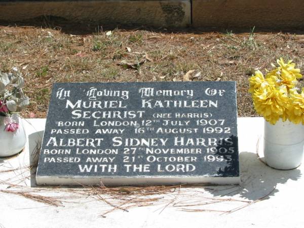 Muriel Kathleen SECHRIST (nee HARRIS) 12 July 1907 - 16 Aug 1992,  | Albert Sidney HARRIS 27 Nov 1905 - 21 Oct 1993,  | Tingalpa Christ Church (Anglican) cemetery, Brisbane  |   | 