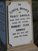 
John ARNOLD
5 Nov 1910 aged 57
Percy ARNOLD
23 Apr 1933 aged 47
Robert Clive ARNOLD
31 Oct 1973 aged 78
Jane ARNOLD
25 Jan 1942 aged 77
Agnes ARNOLD
2 Nov 1977 aged 77
Toogoolawah Cemetery, Esk shire
