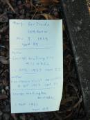 
Mary Gertrude SEABORN
9 Nov 1935 aged 89

(father) George  Wallington  MICHAEL
17 Apr 1937 aged 57

Constance Violet MICHAEL
8 Sep 1963 aged 86

George Wallington MICHAEL
1 Sep 1961 aged 45

Toogoolawah Cemetery, Esk shire
