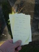 
Marion, wife of John T. FRANCIS,
died 18 June 1921 aged 24 years;
Marion Charlotte,
died 29 Jan 1918;
Toogoolawah Cemetery, Esk shire
