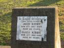 
parents;
John KIRBY,
died 17 July 1944 aged 84 years;
Eliza KIRBY,
died 19 Nov 1944 aged 87 years;
Toogoolawah Cemetery, Esk shire
