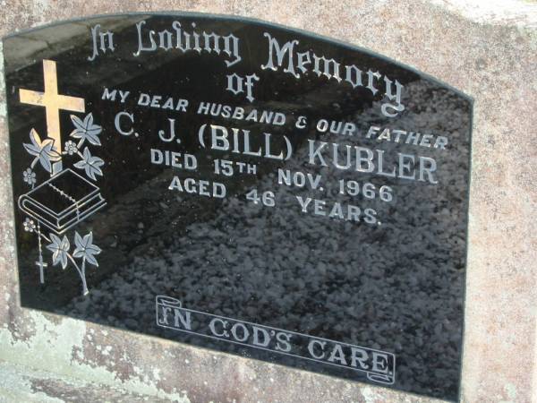 C J (Bill) KUBLER  | 15 Nov 1966 aged 46  | Toogoolawah Cemetery, Esk shire  | 