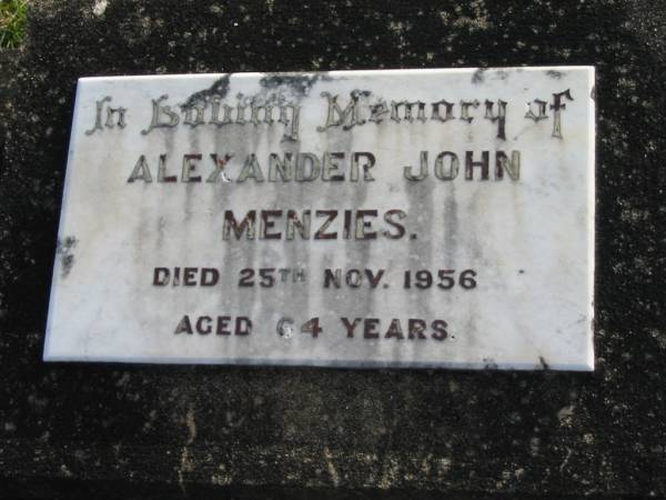 Alexander John Menzies  | 25 Nov 1956 aged 64  | Toogoolawah Cemetery, Esk shire  | 