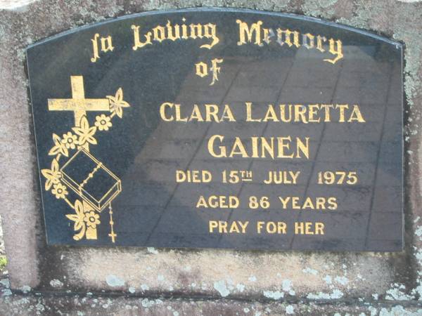 Clara Lauretta GAINEN  | 15 Jul 1975 aged 86  | Toogoolawah Cemetery, Esk shire  | 