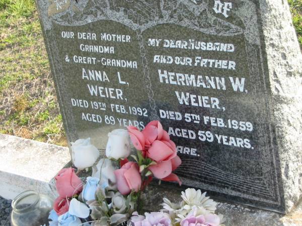 Anna L WEIER  | 19 Feb 1992 aged 89  | Hermann W WEIER  | 5 Feb 1959 aged 59  | Toogoolawah Cemetery, Esk shire  | 