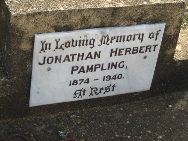 Jonathan Herbert PAMPLING  | b: 1874, d: 1940  | (wife) Sarah Jane PAMPLING  | d: 21 Jul 1958  | Toogoolawah Cemetery, Esk shire  | 