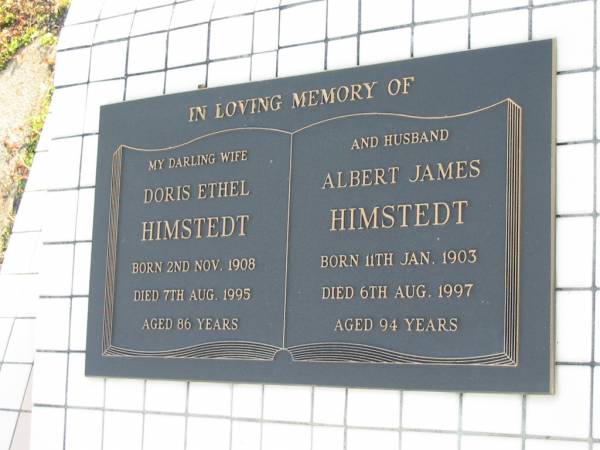 Doris Ethel HIMSTEDT  | b: 2 Nov 1908, d: 7 Aug 1995 aged 86  | Albert James HIMSTEDT  | b: 11 Jan 1903, d: 6 Aug 1997 aged 94  | Toogoolawah Cemetery, Esk shire  | 