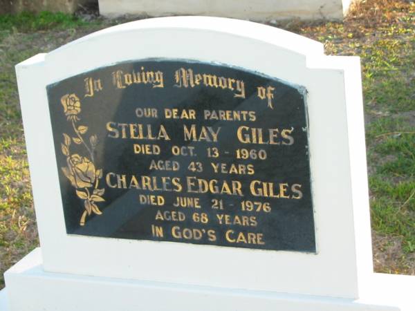 Stella May GILES  | 13 Oct 1960 aged 43  | Charles Edgar GILES  | 21 Jun 1976 aged 68  | Toogoolawah Cemetery, Esk shire  | 