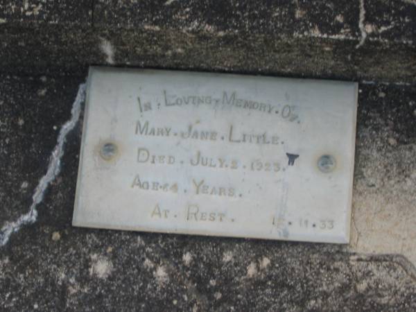 Sydney S. LITTLE, uncle,  | died 29-3-1967 aged 79 years;  | Harold G.C. LITTLE, husband father,  | died 13 July 1971 aged 76 years;  | Wilhelmine M. LITTLE, mother,  | died 15 June 1982 aged 79 years;  | Mary Jane LITTLE,  | died 2 July 1923 aged 64 years;  | Thomas R. LITTLE, grandfather,  | died 1946 aged 78 years;  | Beatrice M.G. BENNETT,  | died 9-8-1980 aged 88 years;  | Toogoolawah Cemetery, Esk shire  | 