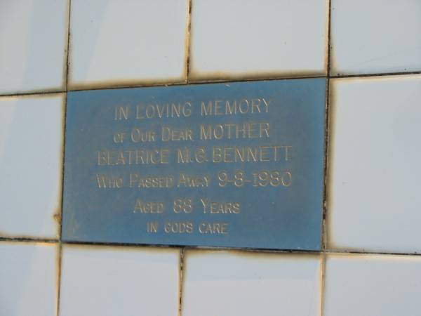 Sydney S. LITTLE, uncle,  | died 29-3-1967 aged 79 years;  | Harold G.C. LITTLE, husband father,  | died 13 July 1971 aged 76 years;  | Wilhelmine M. LITTLE, mother,  | died 15 June 1982 aged 79 years;  | Mary Jane LITTLE,  | died 2 July 1923 aged 64 years;  | Thomas R. LITTLE, grandfather,  | died 1946 aged 78 years;  | Beatrice M.G. BENNETT,  | died 9-8-1980 aged 88 years;  | Toogoolawah Cemetery, Esk shire  | 