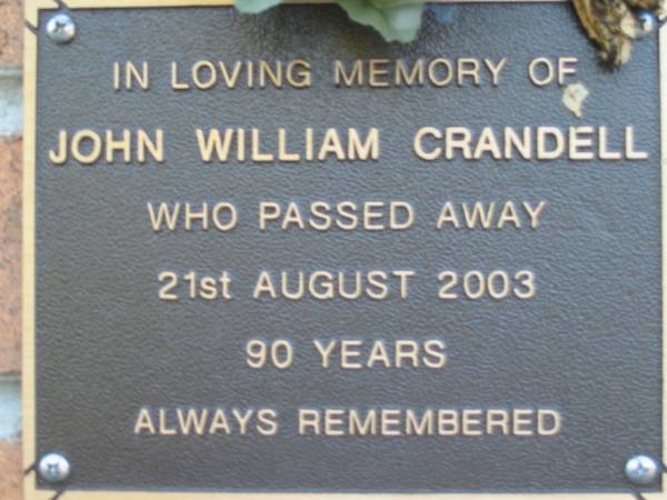 John William CRANDELL  | 21 Aug 2003 aged 90  | Toogoolawah Cemetery, Esk shire  | 
