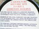 
Walter Herbert BONNEY     26011895    5 mths 13 d
Ernest BONNEY             30011886    5 mins
Helen CARNEGIE            08091913    74 years
John CARNEGIE             24091903    65 years
William FREEMAN           05071911    85 years
Rosina Phyllis FREEMANTLE 29061899    1 year 4 months
Thomas FURLONG            12081897    76 years 11 mths
David MARREN              23051883    9 weeks
Otto PIEPER               06111896    1 year 3 mths
Henry SASS                14041879    27 years
Albert Edward SIMPSON     06031887    4 years
Edwin SIMPSON             01041898    40 years 1 month
Mary Ethel VOLZ           04081903    1 year 6 months

Caboolture historic site - Toorbul Cemetery Reserve

