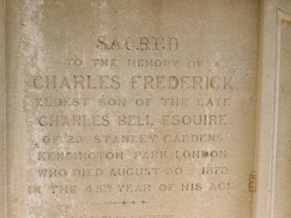 Toowong Cemetery, por 13, sect 29, grave 22;  | Bell Harry Frederic Hawkesley, 12 / 10 / 1938, 81 years;  | Bell Charles Frederick, 19 / 08 / 1875;  |   | Toowong cemetery portion 13  sect 29  grave 11;  | Hobbs Ivy Phyllis, 09 / 08 / 1915;  | Bell Harriett, 28 / 05 / 1913, 93 years;  |   | Charles Frederick (BELL),  | eldest son of late Charles BELL,  | of 29 Stanley Gardens Kensington Park, London,  | d: 20 Aug 1872, aged 45;  |   | (wife) Harriett BELL,  | d: 20 May 1913;  |   | (son) F.H. BELL,  | d: 16 Aug 1938;  |   |   | Phyllis HOBBS,  | d: 8 Aug 1915;  |   | A.C. BODEN,  | d: 26 Nov 1945;  |   | Florence A BODEN,  | wife of A C BODEN,  | d: 14 Oct 1948;  |   | 
