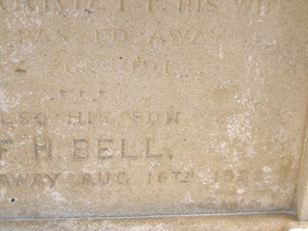 Toowong Cemetery, por 13, sect 29, grave 22;  | Bell Harry Frederic Hawkesley, 12 / 10 / 1938, 81 years;  | Bell Charles Frederick, 19 / 08 / 1875;  |   | Toowong cemetery portion 13  sect 29  grave 11;  | Hobbs Ivy Phyllis, 09 / 08 / 1915;  | Bell Harriett, 28 / 05 / 1913, 93 years;  |   | Charles Frederick (BELL),  | eldest son of late Charles BELL,  | of 29 Stanley Gardens Kensington Park, London,  | d: 20 Aug 1872, aged 45;  |   | (wife) Harriett BELL,  | d: 20 May 1913;  |   | (son) F.H. BELL,  | d: 16 Aug 1938;  |   |   | Phyllis HOBBS,  | d: 8 Aug 1915;  |   | A.C. BODEN,  | d: 26 Nov 1945;  |   | Florence A BODEN,  | wife of A C BODEN,  | d: 14 Oct 1948;  |   | 