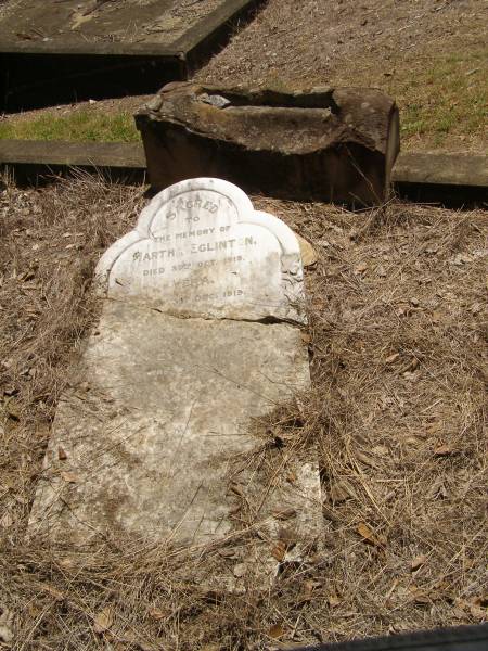 Toowong Cemetery, por: 1, sect: 20, grave: 4;  | Eglinton Dudley, 11 / 06 / 1937, 86 years;  | Eglinton Martha, 31 / 10 / 1919;  | Rolleston Vera, 04 / 12 / 1919;  | Eglinton Anna Catherine Sophie, 18 / 10 / 1948, 87 years;  |   | Martha EGLINTON,  | d: 30 Oct 1919;  | Vera (EGLINTON),  | d: 3 Dec 1919;  | Douglas (EGLINTON),  | d: 26 Jul 1920,  | interred Sydney;  | Dudley EGLINTON,  | 1857 - 1937;  |   | 