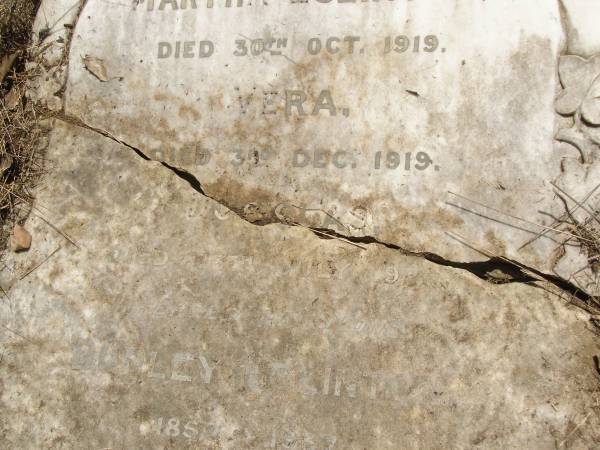 Toowong Cemetery, por: 1, sect: 20, grave: 4;  | Eglinton Dudley, 11 / 06 / 1937, 86 years;  | Eglinton Martha, 31 / 10 / 1919;  | Rolleston Vera, 04 / 12 / 1919;  | Eglinton Anna Catherine Sophie, 18 / 10 / 1948, 87 years;  |   | Martha EGLINTON,  | d: 30 Oct 1919;  | Vera (EGLINTON),  | d: 3 Dec 1919;  | Douglas (EGLINTON),  | d: 26 Jul 1920,  | interred Sydney;  | Dudley EGLINTON,  | 1857 - 1937;  |   | 