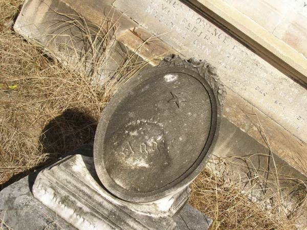 John PETRIE  | d: 20 Mar 1887  | aged 29  | (second son of John and Jane K PETRIE)  |   | Agnes BAYNES(nee PETRIE)  | d: 27 Aug 1887  | aged 22  | their fourth daughter  | (wife of George BAYNES)  |   | James PETRIE  | d: 16 Jul 1905  | aged 44  | third son  | (husband of Annie PETRIE)  |   | children of above James and Annie PETRIE  | Agnes Florence PETRIE  | d: 25 Nov 1914 aged 28  |   | James Bertram PETRIE  | d: 29 Jul 1914 aged 27  |   | Myfanwy Ann PETRIE  | d: 17 Dec 1895, aged 14 months  |   | Brisbane General Cemetery (Toowong)  |   |   | 