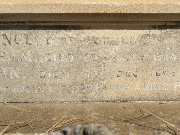 John PETRIE  | d: 20 Mar 1887  | aged 29  | (second son of John and Jane K PETRIE)  |   | Agnes BAYNES (nee PETRIE)  | d: 27 Aug 1887  | aged 22  | their fourth daughter  | (wife of George BAYNES)  |   | James PETRIE  | d: 16 Jul 1905  | aged 44  | third son  | (husband of Annie PETRIE)  |   | children of above James and Annie PETRIE  | Agnes Florence PETRIE  | d: 25 Nov 1914 aged 28  |   | James Bertram PETRIE  | d: 29 Jul 1014 aged 27  |   | Myfanwy Ann PETRIE  | d: 17 Dec 1895, aged 14 months  |   | Brisbane General Cemetery (Toowong)  |   |   | 
