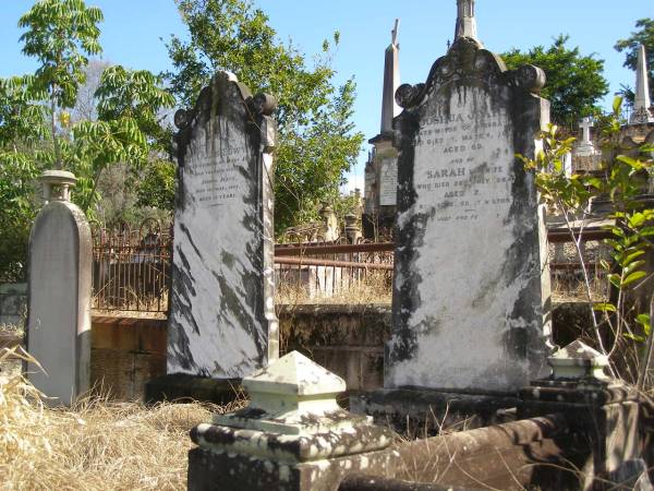 Joshua JEAYS (late mayor of Brisbane)  | d:  11-Mar-1881 aged 69  |   | Sarah JEAYS (wife)  | d: 26-Jul-1864 aged 52 (buried at Milton)  |   | Charles Edwyn JEAYS  | d: 14 May 188 aged 33  | (husband of Mary JEAYS,  | younger son of Joshua JEAYS)  |   | Brisbane General Cemetery (Toowong)  |   | 