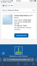 Yvonne May Horton (nee Nicholson)
b: 21 Apr 1929
d: 19 May 2023
buried: 25 Sep 2023
Toowong General Cemetery