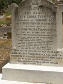 Toowong Cemetery Por:6 Sect:3 Grave:11
Mary Lorna THOMPSON
daughter of Edward BOR and Blanche HOPKINS of Gooda Station, Qld
wife of rev Canon Walter THOMPSON
died All Saints Day 1931
(buried 3-Nov 1931, aged 41)
Canon Walter THOMPSON
(buried 9-Jan 1951, aged 89)
Also
stillborn Thompson
(buried 30-Oct-1931)
