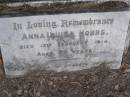 Toowong Cemetery por: 13, sect: 55, grave:4;
Hobbs William, 09 12 1890;
Bourne Emily, 24 01 1915;
Hobbs Ann, 02 10 1875;
Bourne Cicely Orton, 20 06 1908, 18 years;
Hobbs Anna Luisa, 14 02 1914;
Hobbs Edwin, 14 06 1929, 53 years;
Bourne Clfred Edward, 26 07 1972, 0 years;
Bourne Muriel Eleanor, 06 11 1964;
Bourne Joseph Orton, 28 11 1931, 87 years;
Edward HOBBS,
d: Redcliffe 4 Jan 1875, aged 13yrs 9Mon;
Alfred HOBBS,
d: 30 Nov 1878, aged 19;
Arthur HOBBS,
d: 24 Feb 1926, aged 55;
Edwin HOBBS,
d: 13 Jun 1929, aged 53;
Alice Mary Graham,
d: 29 Jul 1944, aged 71;
Anna Louisa HOBBS,
d: 13 Feb 1914, aged 79;
William HOBBS;
Cicely Orton BOURNE,
d: 19 Jun 1908, aged 18;
Emily (BOURNE),
wife of J O BOURNE,
d: 23 Jan 1815, aged 56;
Joseph Orton BOURNE,
d: 27 Nov 1931 aged 87;
Joseph William (Jack) BOURNE,
d: San Francisco 7 Sep 1934, aged 36;
Muriel Eleanor BOURNE,
d: 9 Feb 1962, aged 76;